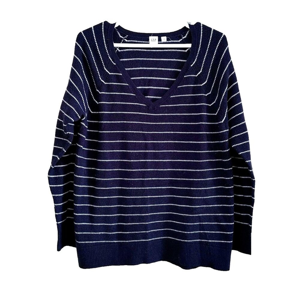 Gap Sweater  Women's V Neck Size XL Blue Striped Long Sleeve Nylon/Wool/Acrylic